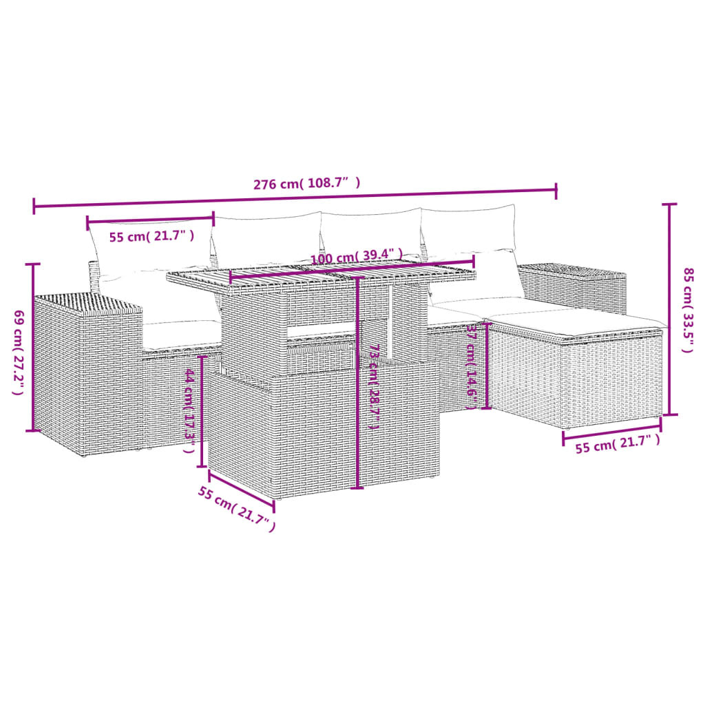 vidaXL 6-delige Loungeset met kussens poly rattan zwart