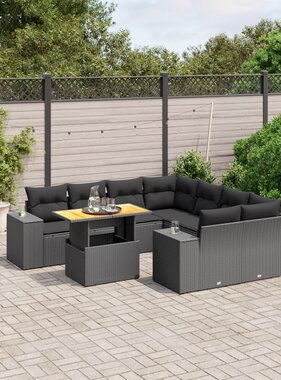 vidaXL 9-delige Loungeset met kussens poly rattan zwart