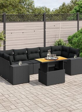 vidaXL 8-delige Loungeset met kussens poly rattan zwart