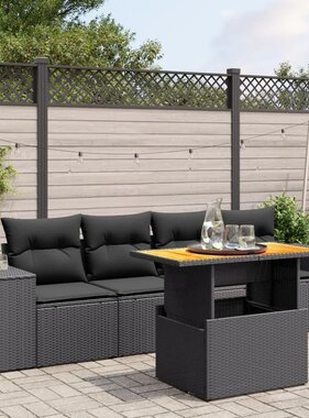 vidaXL 5-delige Loungeset met kussens poly rattan zwart