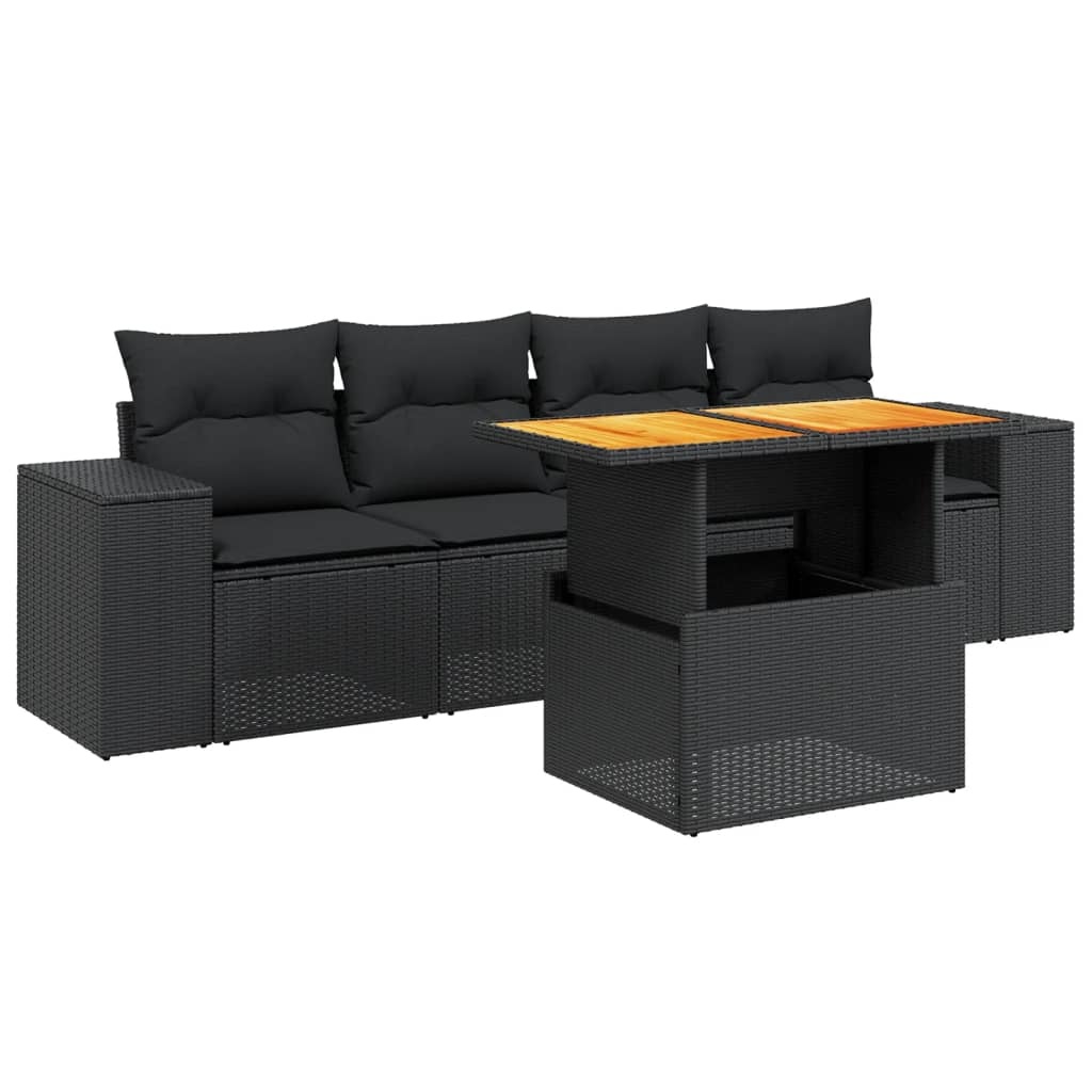 vidaXL 5-delige Loungeset met kussens poly rattan zwart