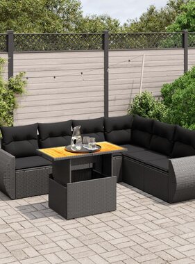 vidaXL 7-delige Loungeset met kussens poly rattan zwart