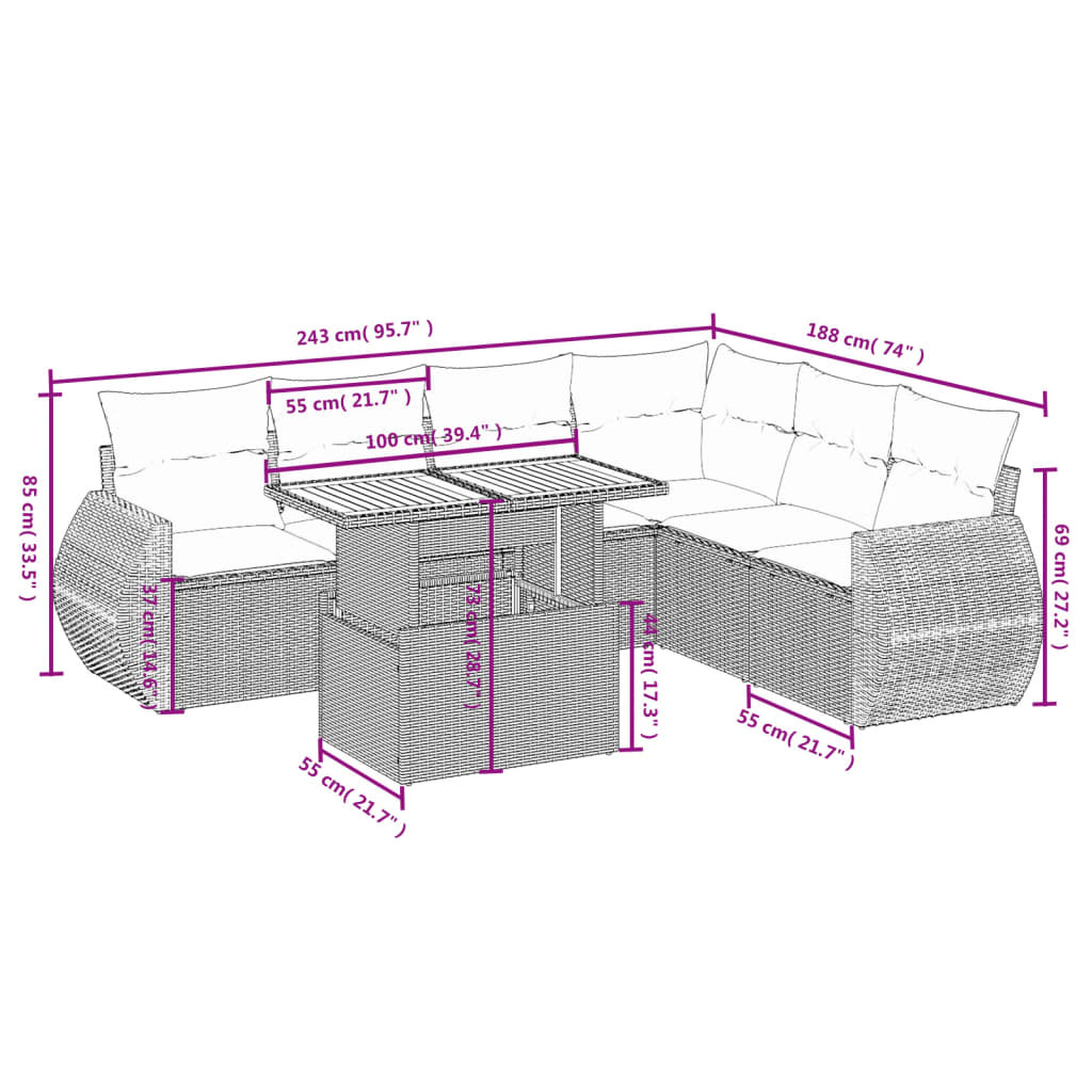 vidaXL 7-delige Loungeset met kussens poly rattan zwart