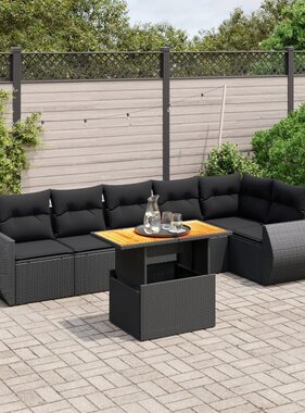 vidaXL 7-delige Loungeset met kussens poly rattan zwart