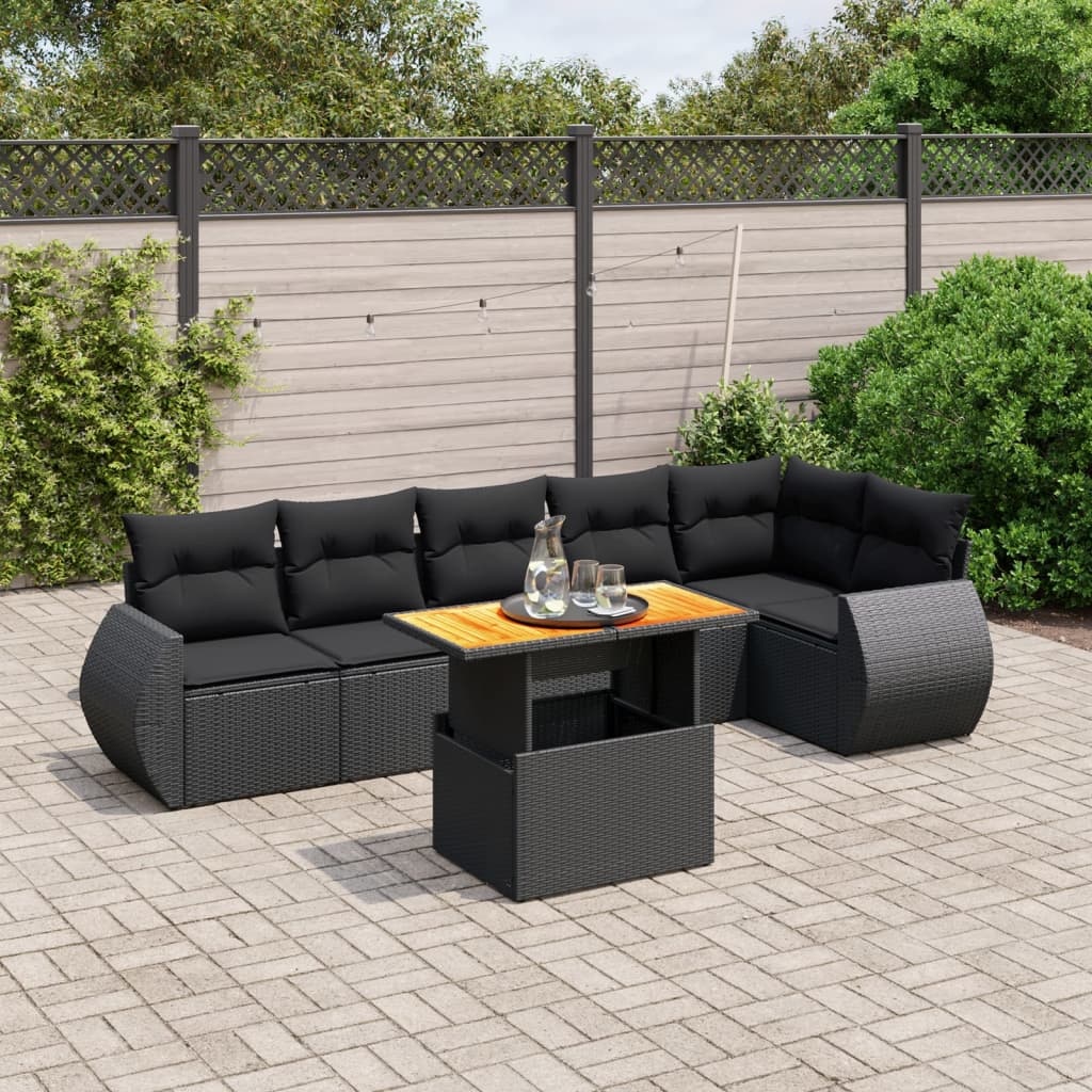 vidaXL 7-delige Loungeset met kussens poly rattan zwart