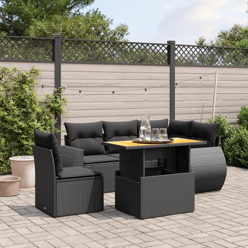 vidaXL 6-delige Loungeset met kussens poly rattan zwart