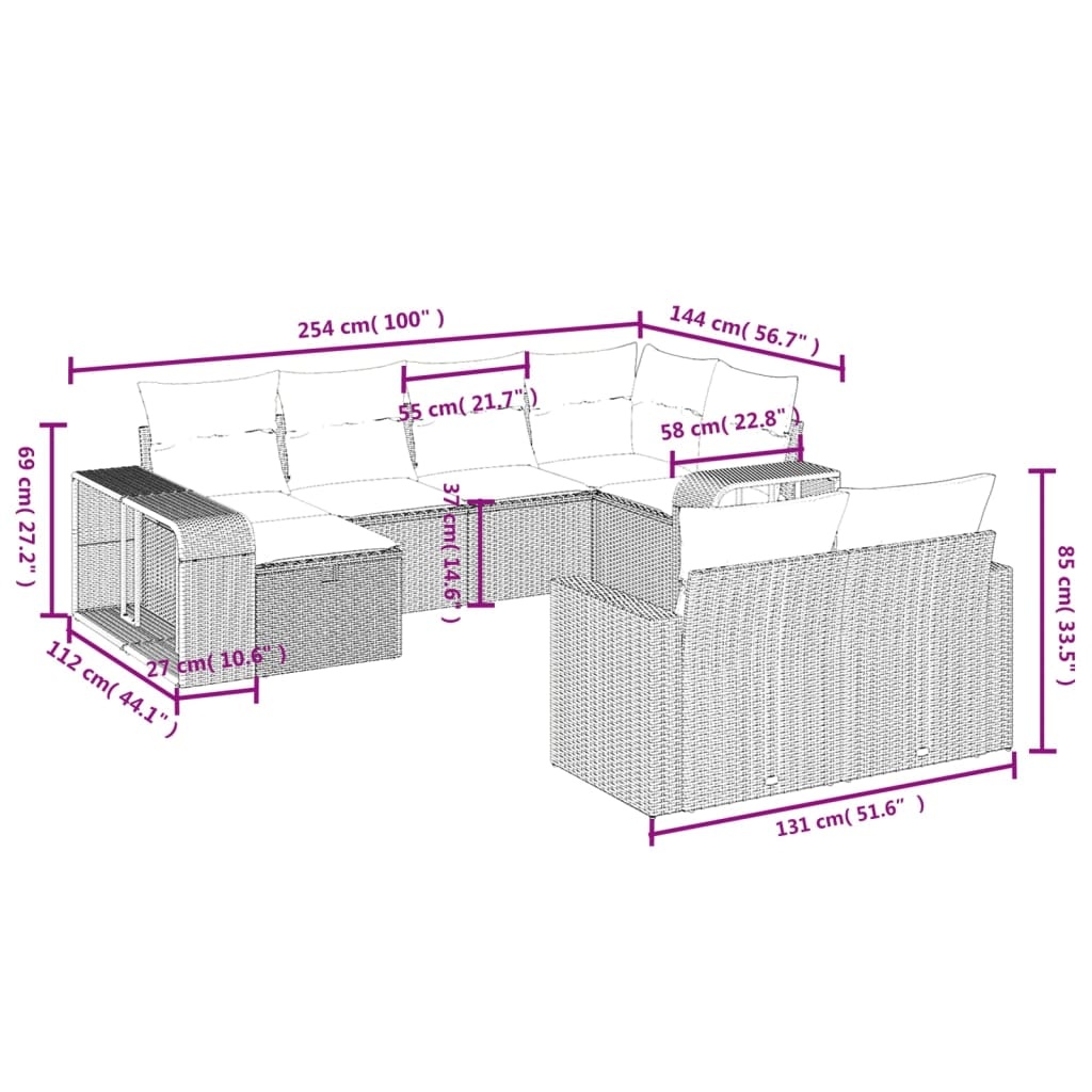 vidaXL 10-delige Loungeset met kussens poly rattan grijs