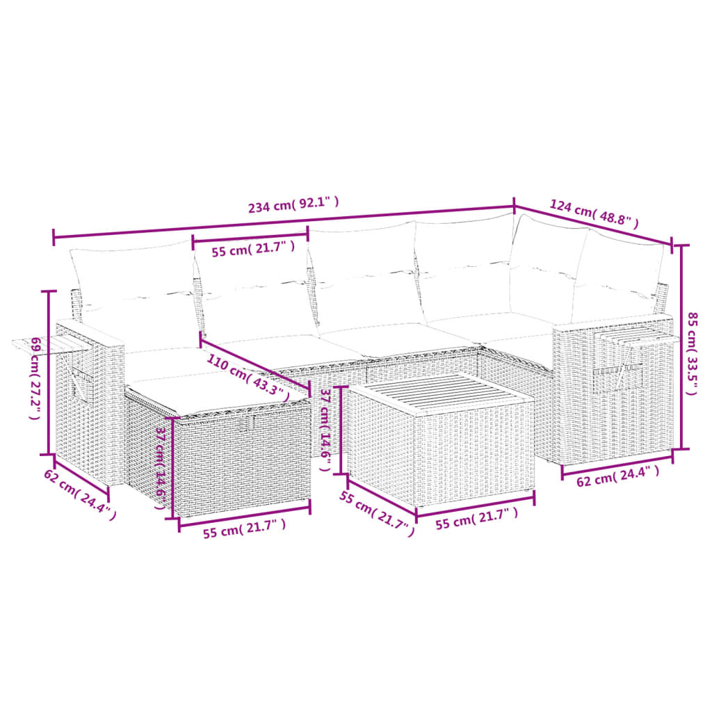 vidaXL 7-delige Loungeset met kussens poly rattan grijs