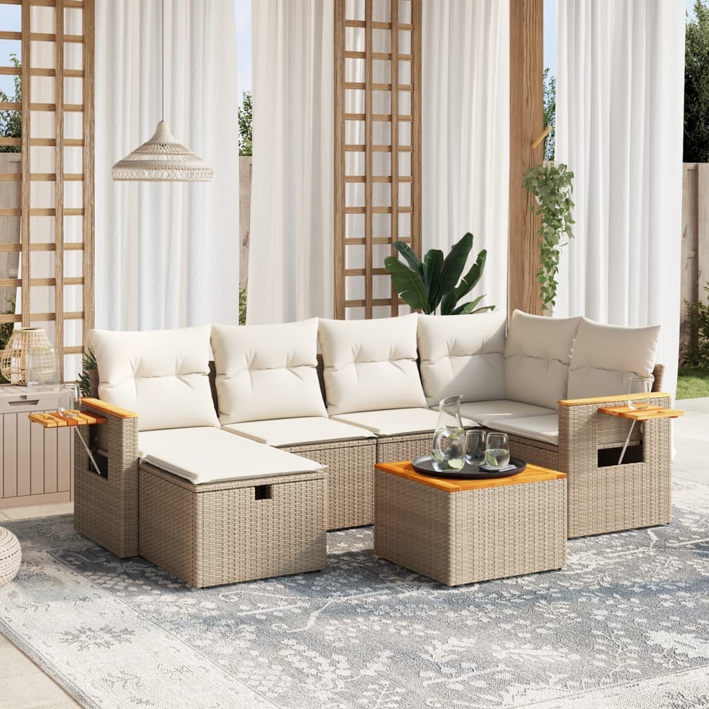 vidaXL 7-delige Loungeset met kussens poly rattan beige