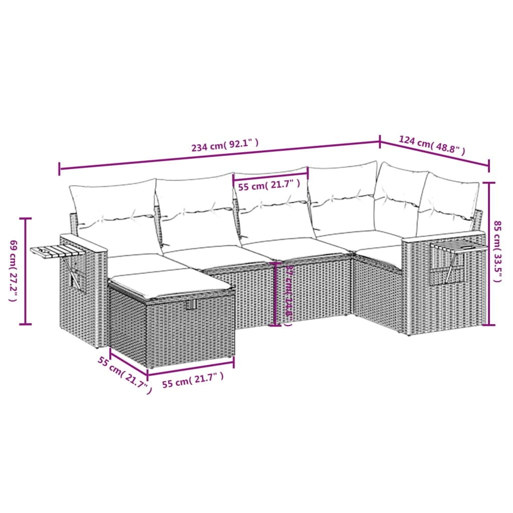 vidaXL 7-delige Loungeset met kussens poly rattan zwart