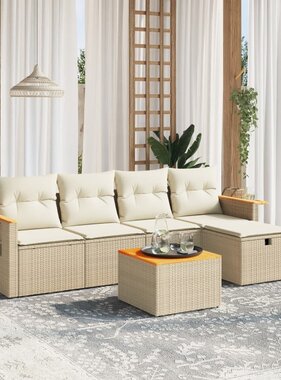 vidaXL 6-delige Loungeset met kussens poly rattan beige