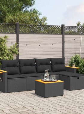 vidaXL 6-delige Loungeset met kussens poly rattan zwart