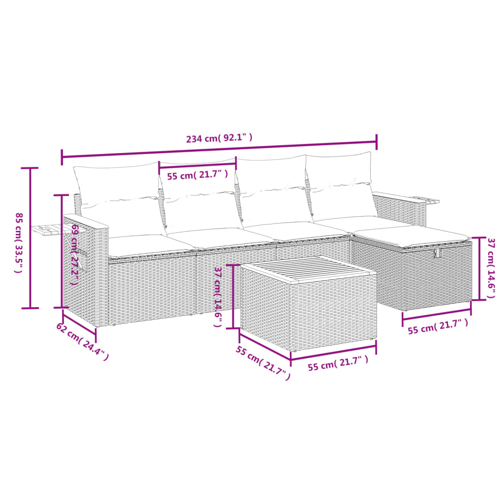 vidaXL 6-delige Loungeset met kussens poly rattan zwart