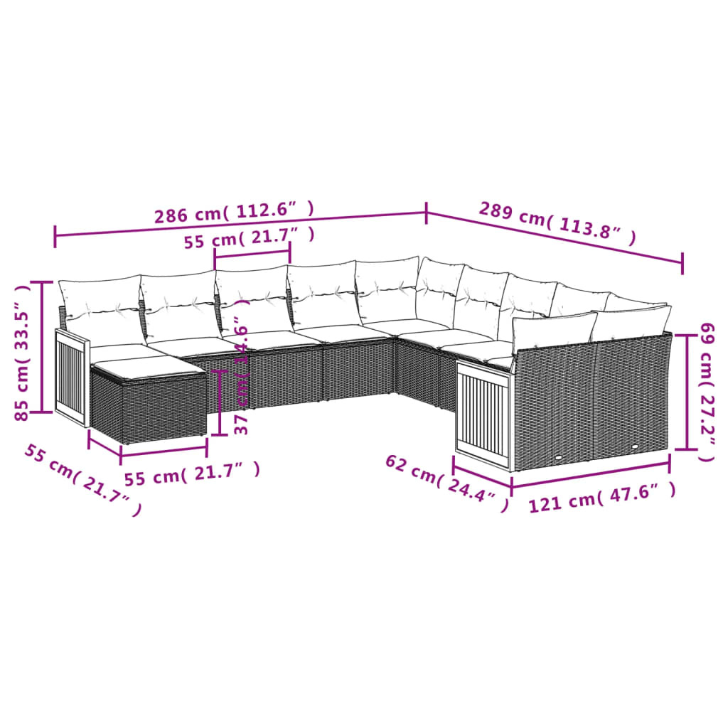 vidaXL 11-delige Tuinset met kussens poly rattan beige