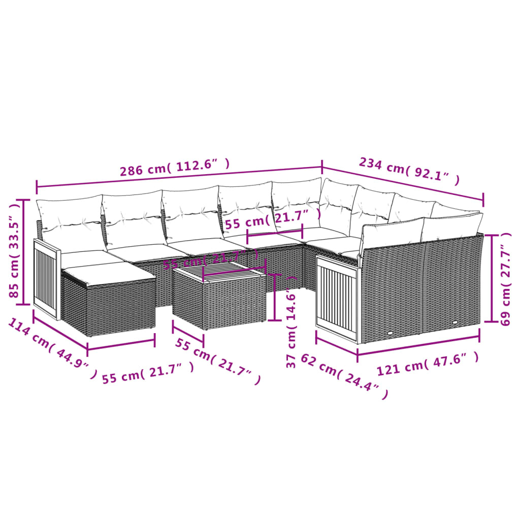 vidaXL 11-delige Loungeset met kussens poly rattan zwart