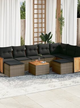 vidaXL 10-delige Loungeset met kussens poly rattan grijs