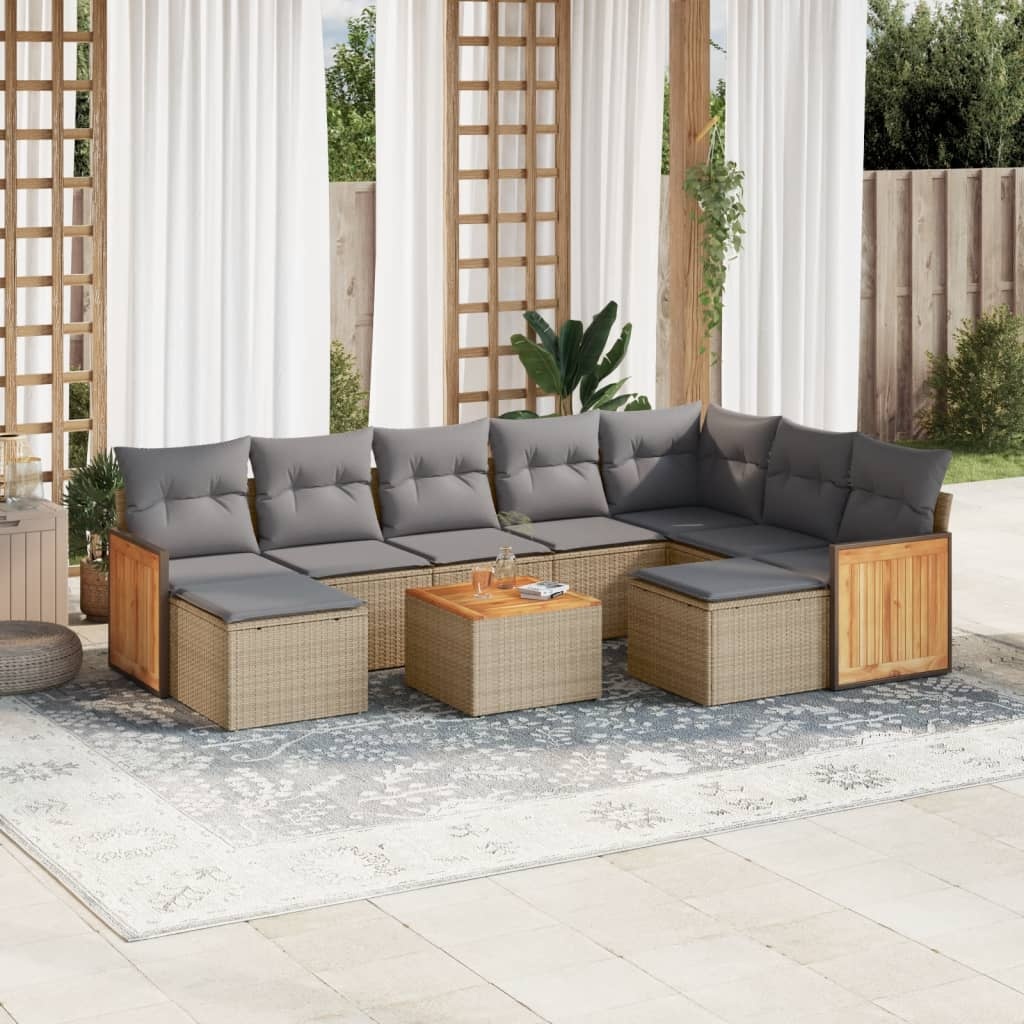 vidaXL 10-delige Loungeset met kussens poly rattan beige