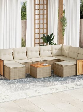 vidaXL 10-delige Loungeset met kussens poly rattan beige