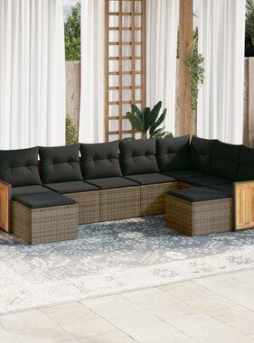 vidaXL 9-delige Loungeset met kussens poly rattan grijs