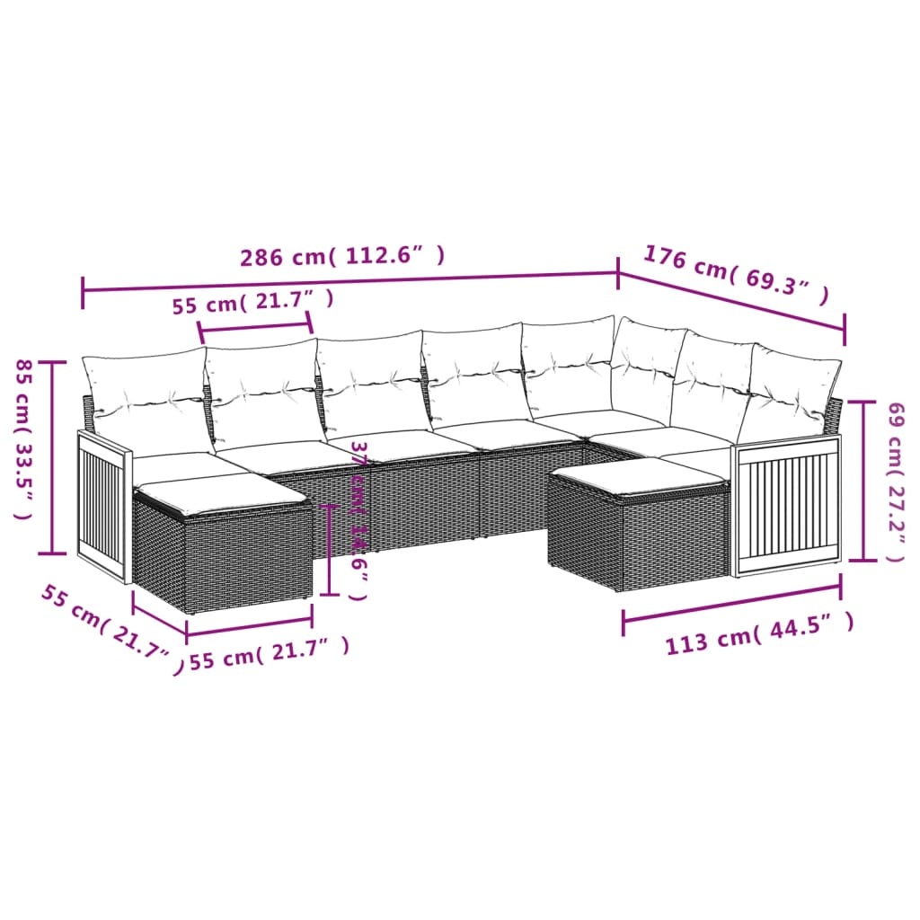 vidaXL 9-delige Loungeset met kussens poly rattan grijs