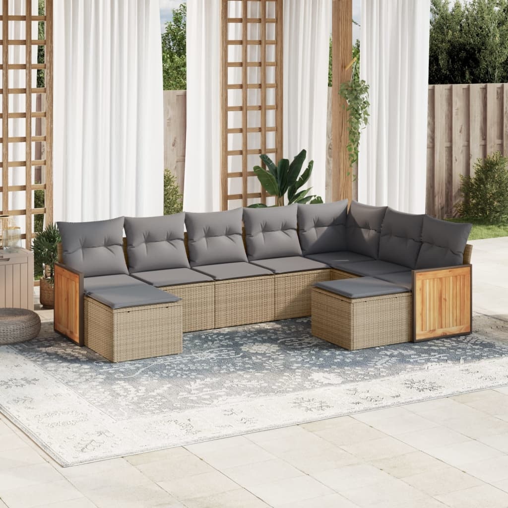 vidaXL 9-delige Loungeset met kussens poly rattan beige