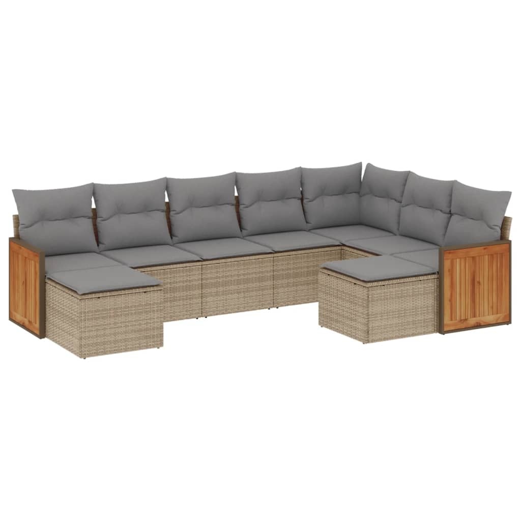 vidaXL 9-delige Loungeset met kussens poly rattan beige