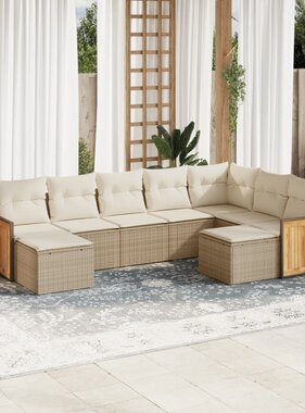 vidaXL 9-delige Loungeset met kussens poly rattan beige