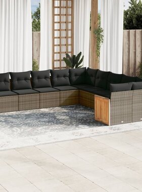 vidaXL 10-delige Loungeset met kussens poly rattan grijs