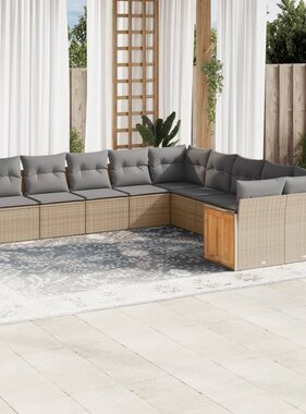 vidaXL 10-delige Loungeset met kussens poly rattan beige