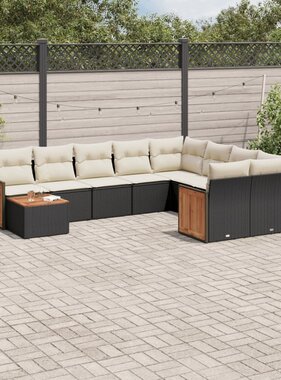 vidaXL 10-delige Loungeset met kussens poly rattan zwart