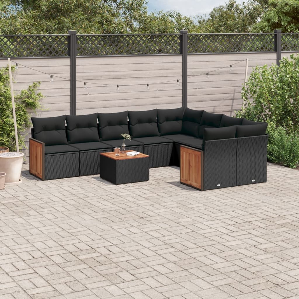 vidaXL 10-delige Loungeset met kussens poly rattan zwart