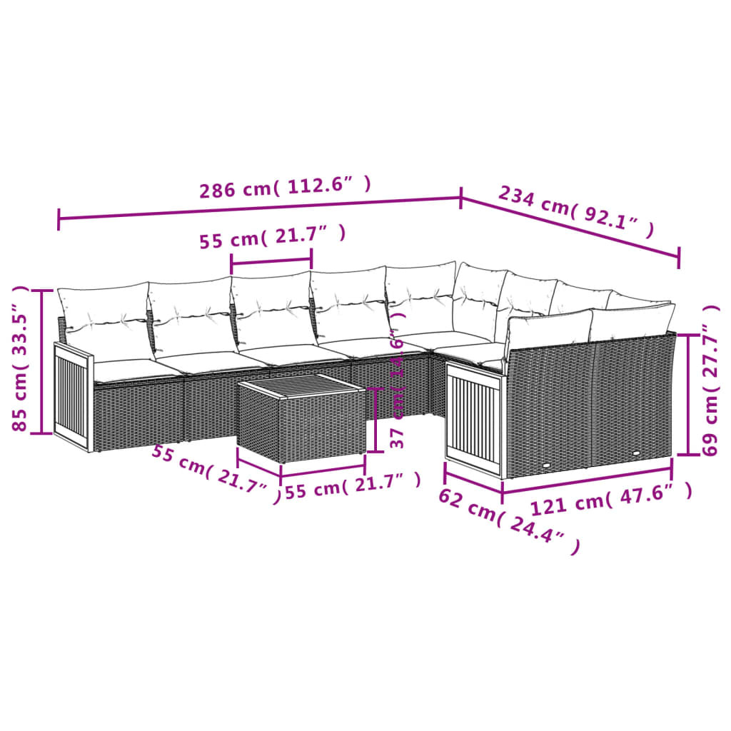 vidaXL 10-delige Loungeset met kussens poly rattan zwart