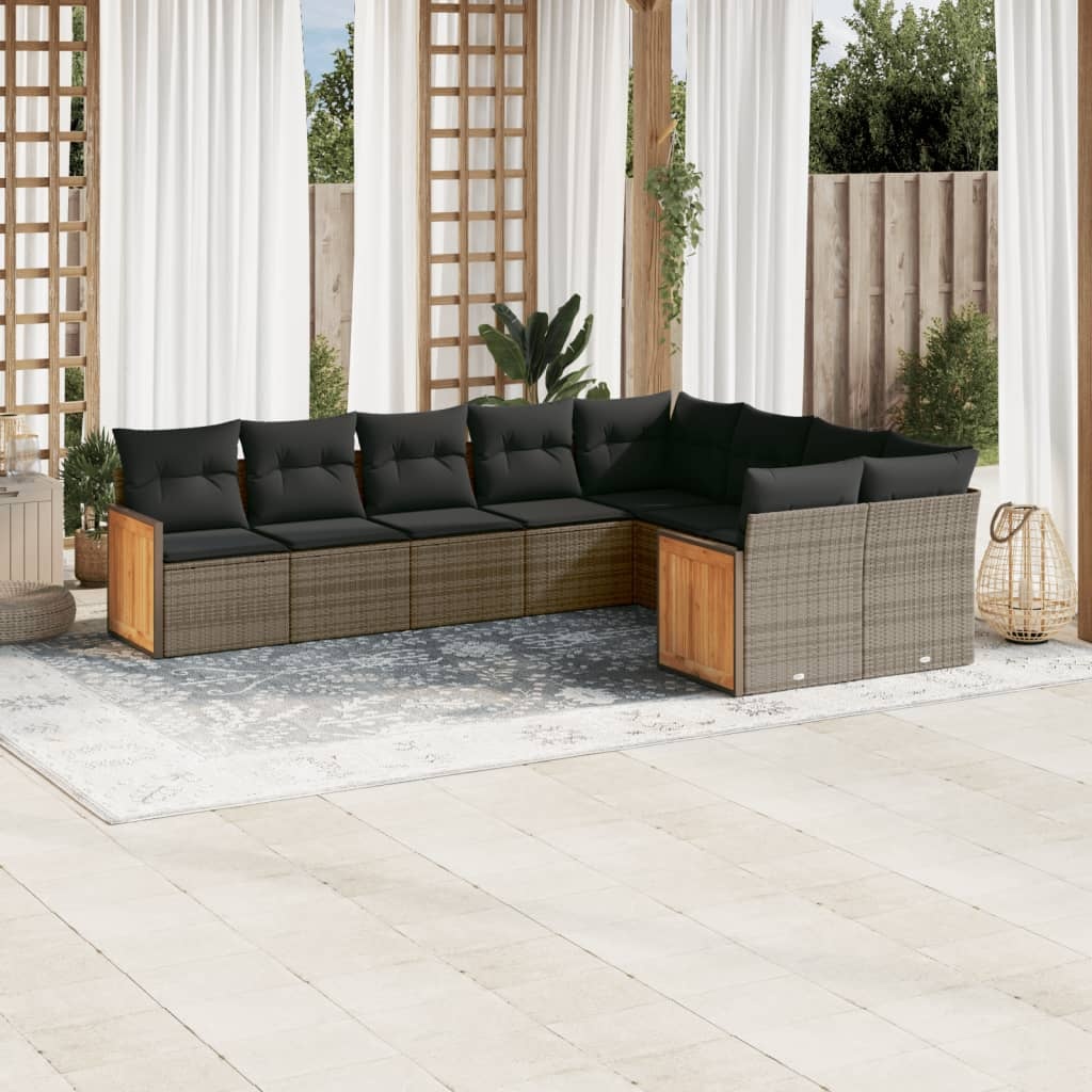 vidaXL 9-delige Loungeset met kussens poly rattan grijs