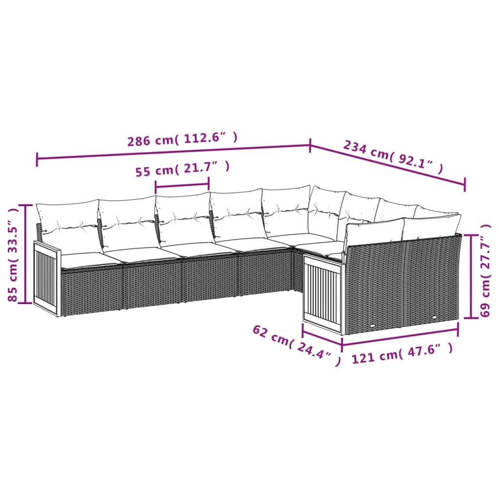 vidaXL 9-delige Loungeset met kussens poly rattan grijs