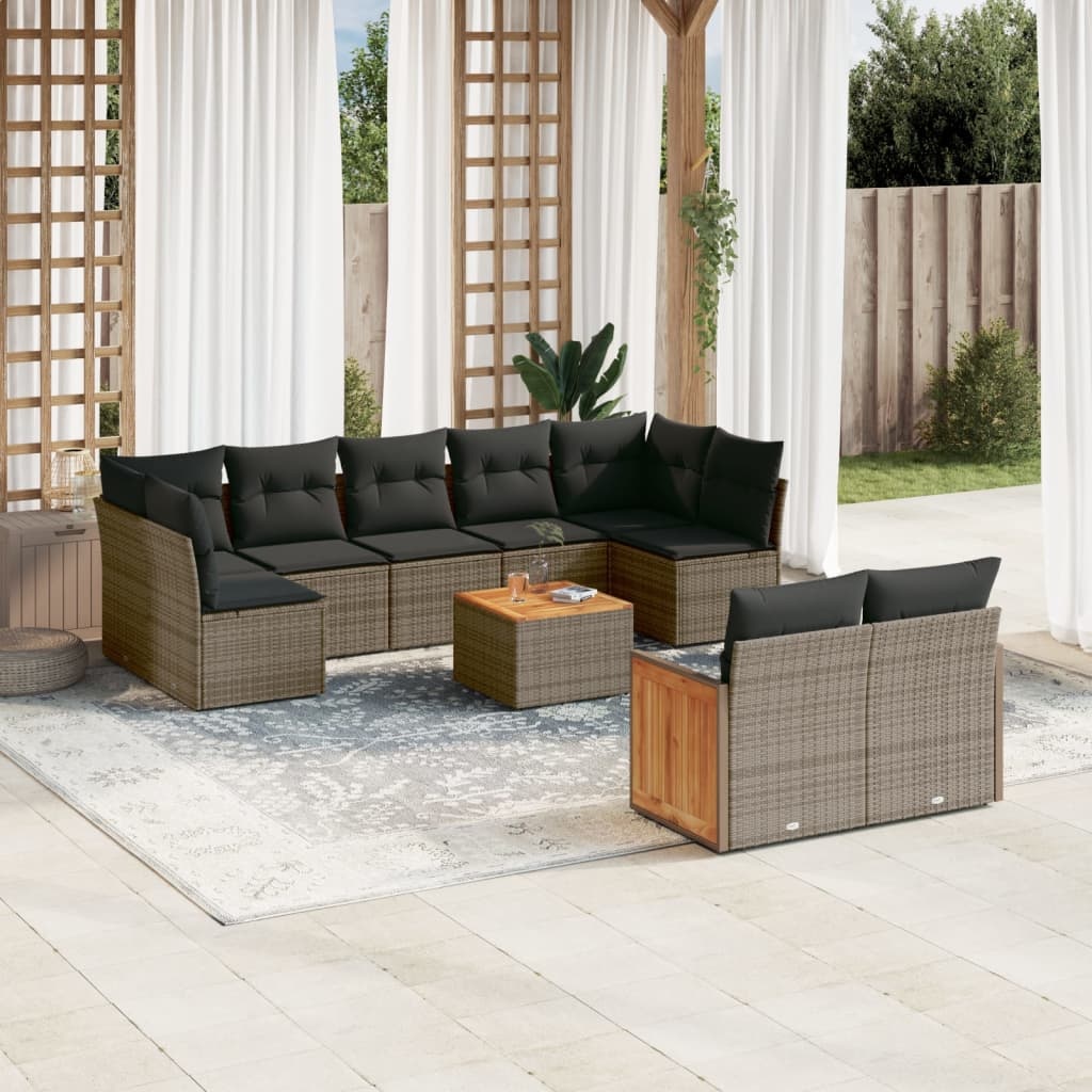 vidaXL 10-delige Loungeset met kussens poly rattan grijs