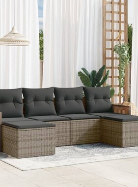 vidaXL 6-delige Loungeset met kussens poly rattan grijs