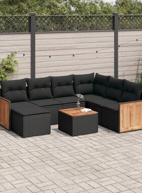 vidaXL 8-delige Loungeset met kussens poly rattan zwart