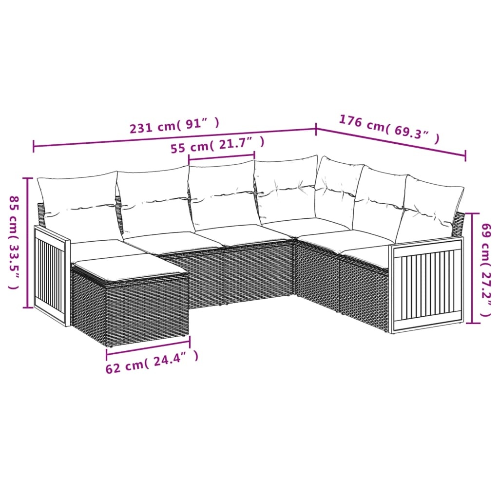 vidaXL 7-delige Loungeset met kussens poly rattan zwart