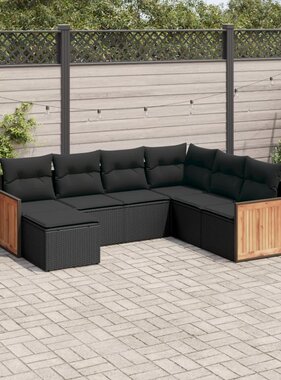 vidaXL 7-delige Loungeset met kussens poly rattan zwart