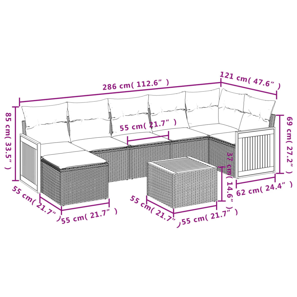 vidaXL 8-delige Loungeset met kussens poly rattan zwart