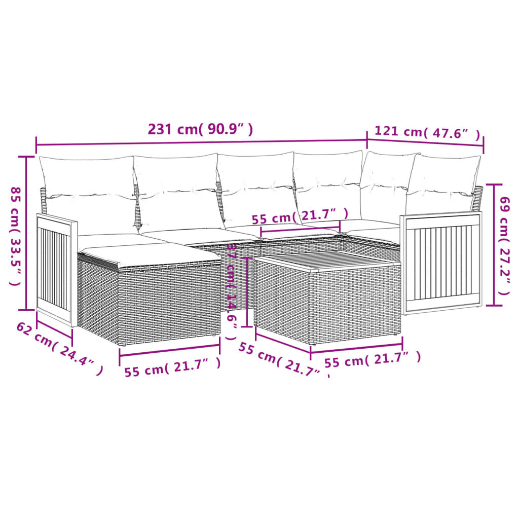 vidaXL 7-delige Loungeset met kussens poly rattan grijs