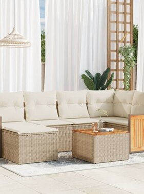 vidaXL 7-delige Loungeset met kussens poly rattan beige