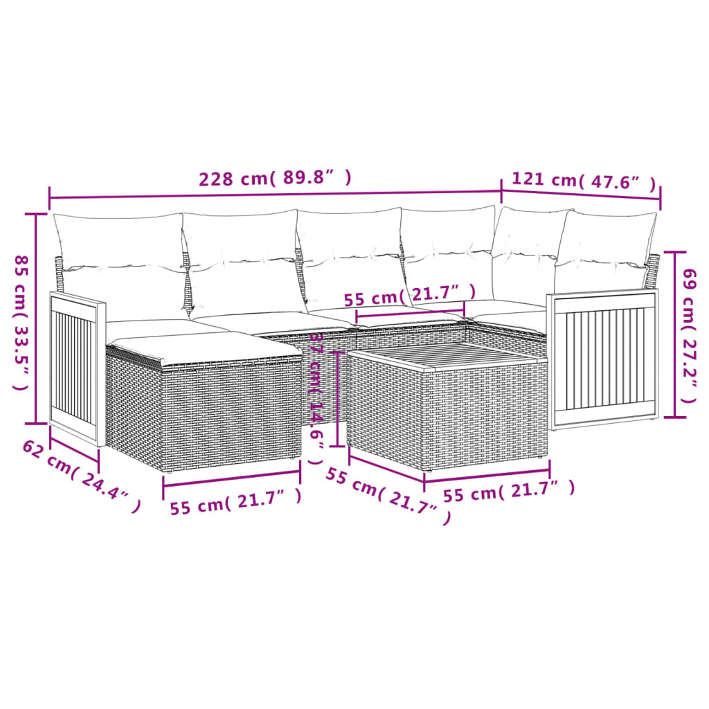 vidaXL 7-delige Loungeset met kussens poly rattan zwart