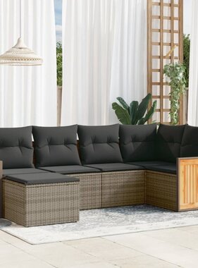 vidaXL 6-delige Loungeset met kussens poly rattan grijs