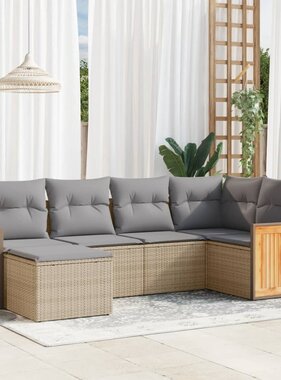 vidaXL 6-delige Loungeset met kussens poly rattan beige