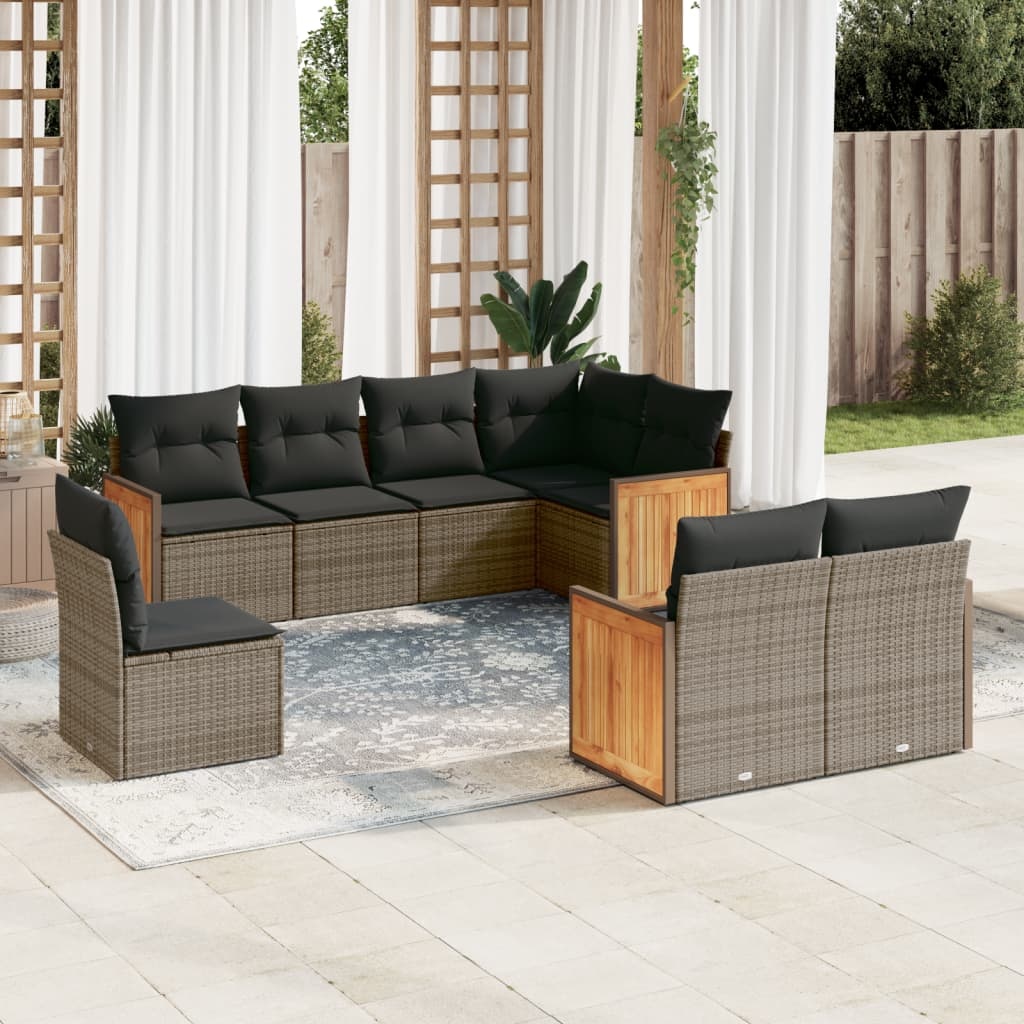 vidaXL 8-delige Loungeset met kussens poly rattan grijs