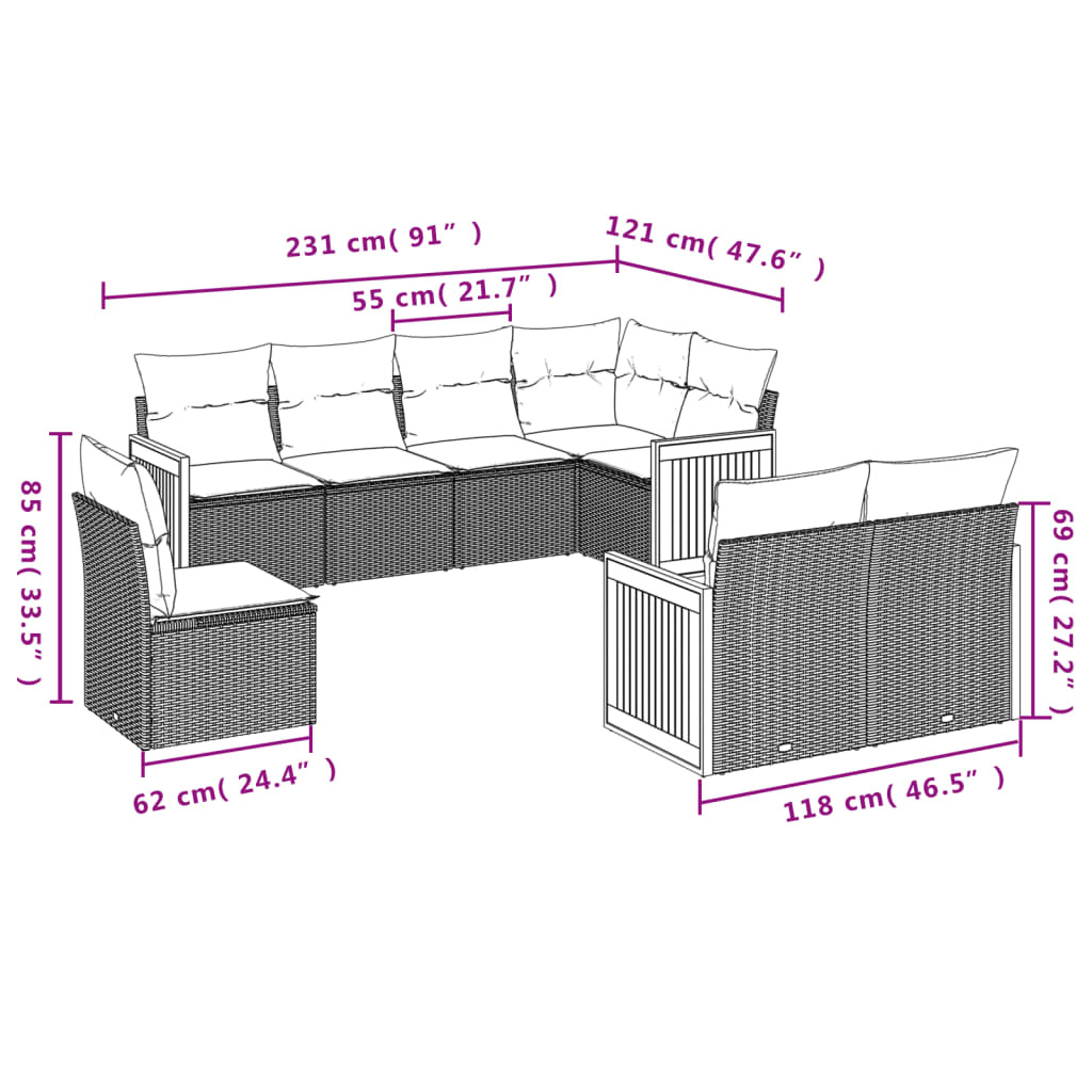 vidaXL 8-delige Loungeset met kussens poly rattan zwart