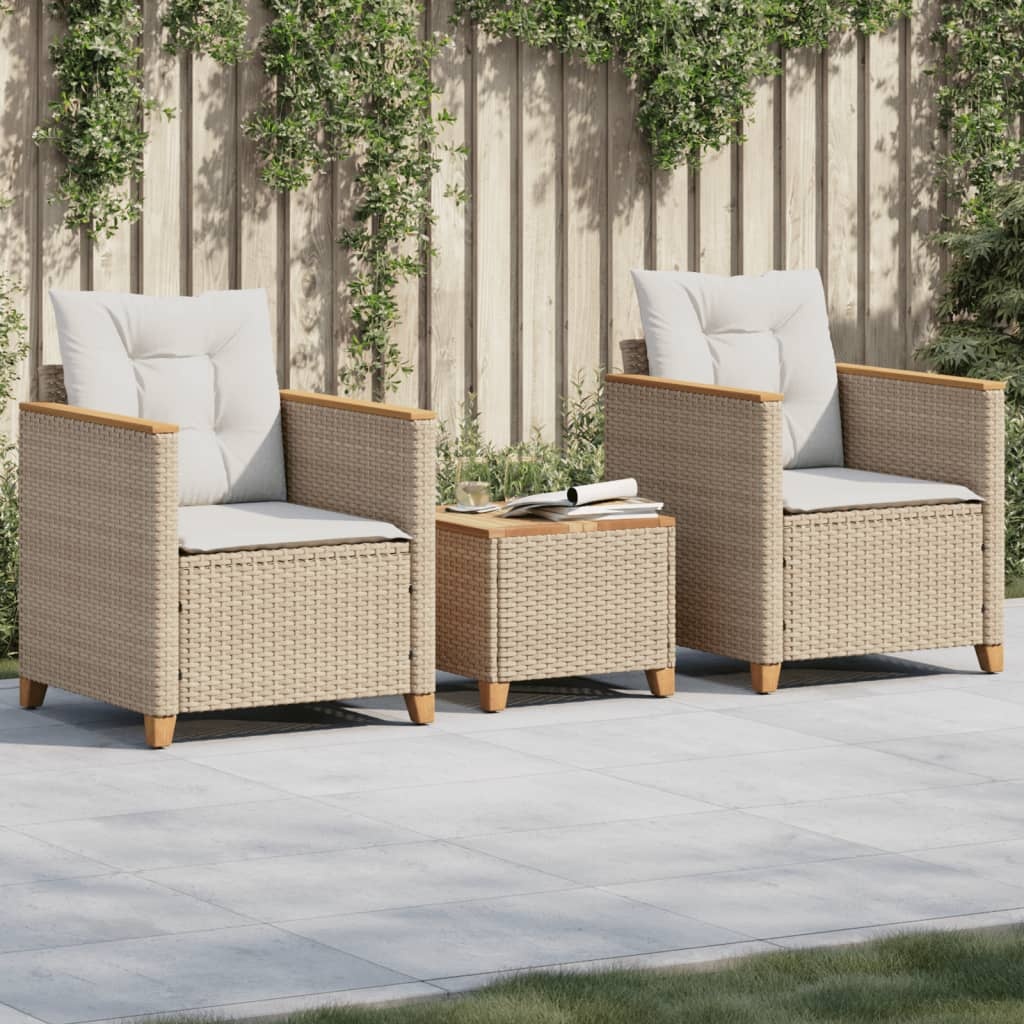 vidaXL 3-delige Bistroset met kussens poly rattan en acaciahout beige