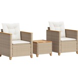 vidaXL 3-delige Bistroset met kussens poly rattan en acaciahout beige