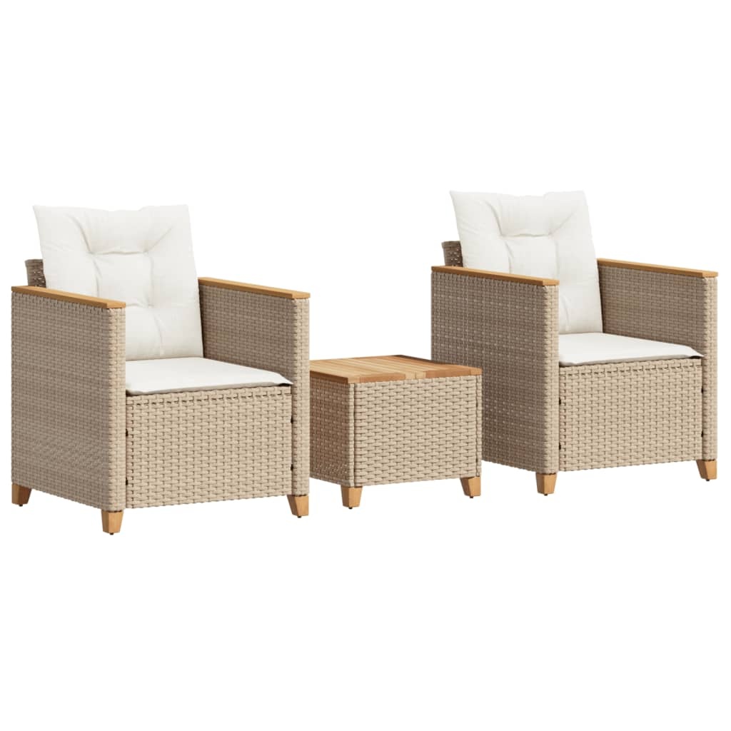 vidaXL 3-delige Bistroset met kussens poly rattan en acaciahout beige